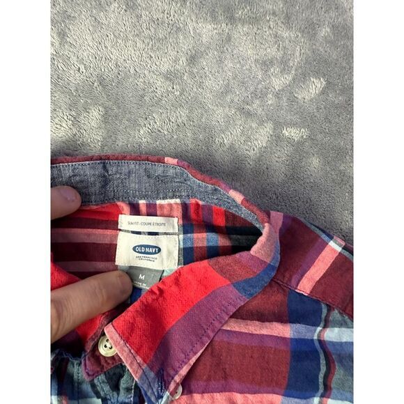 Old‎ Navy Shirt Mens Button Down Medium Slim Fit Red Blue Plaid Short Sleeve - Picture 4 of 9